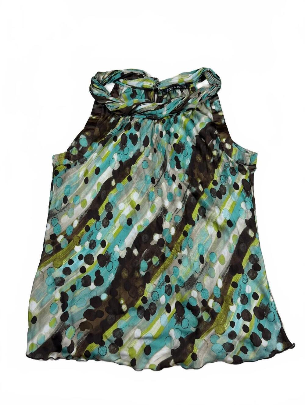 2000s Zac and Rachel Brown and Blue Polka Dot Sleeveless Blouse Size L